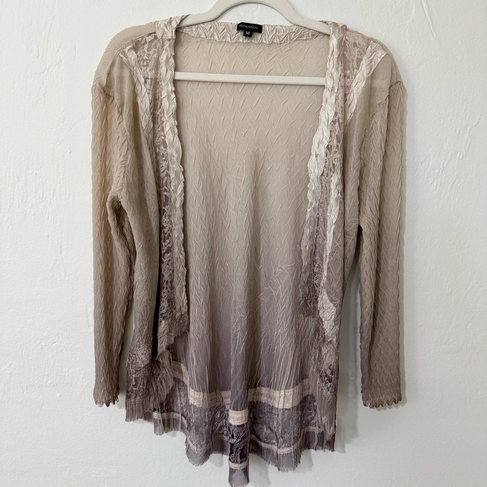 Komarov Size M Beige Crinkle Open Front Lace Trim Jacket Cardigan Made in USA